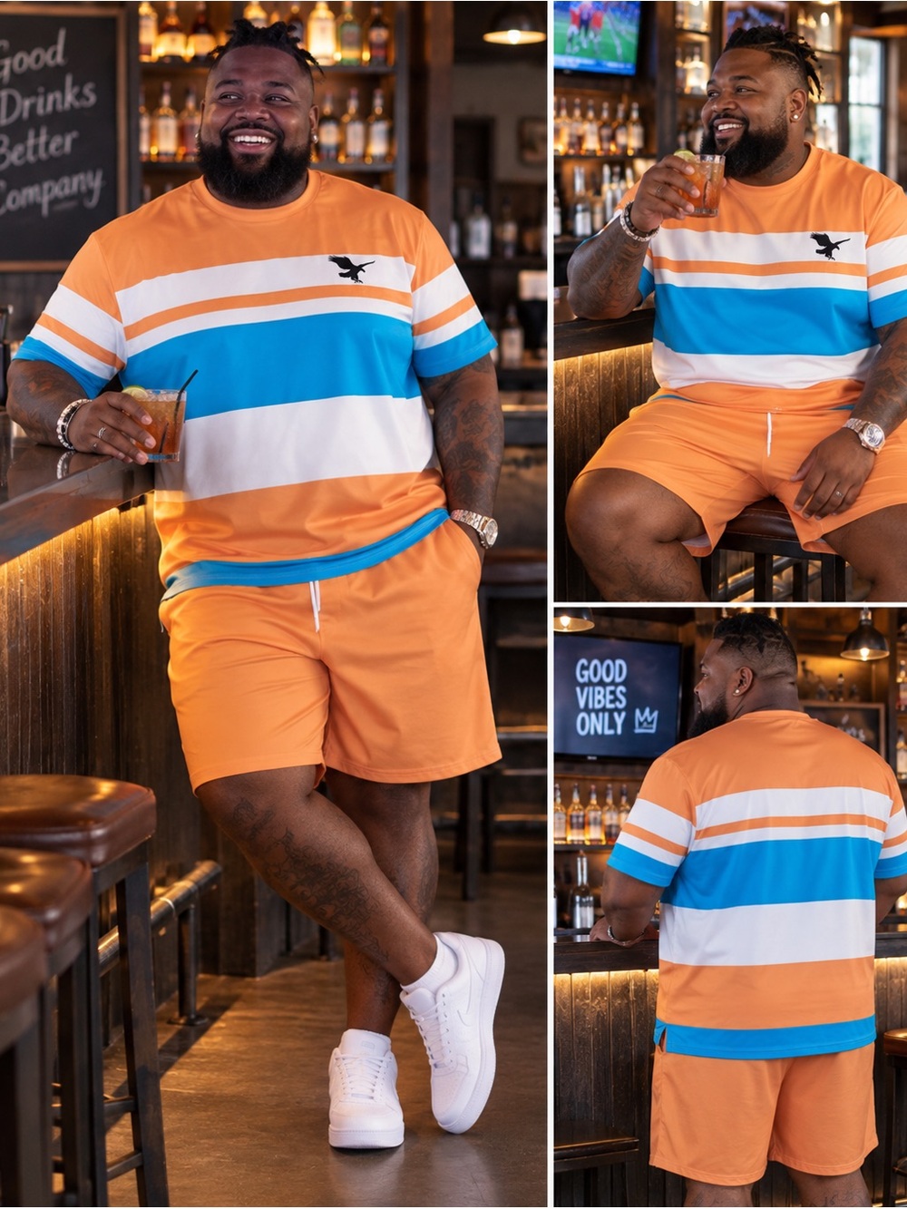 Men’s 4XL Striped 2 Piece Short Set Orange Blue White Casual Summer Outfit NWOT